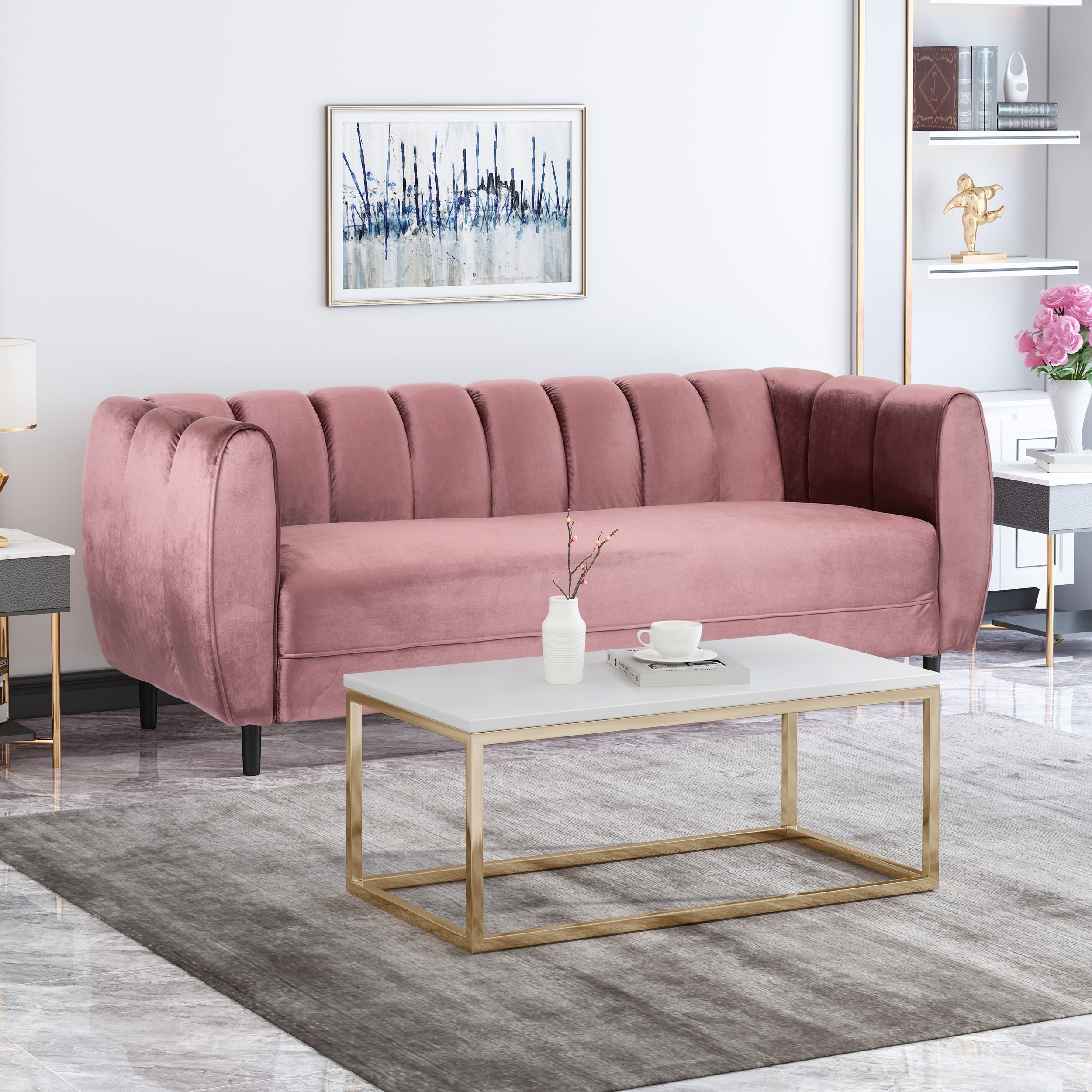 Karimah Modern Velvet 3 Seater Sofa Blush and Dark Brown