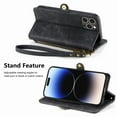 thumbnail image 6 of SaniMore for iPhone 13 Pro Max (6.7" 2021) Case, PU Leather Embossed Lines with Wristlet Zipper Cash Pocket Card Slots Magnetic Flip Stand Full Protective TPU Shell Anti-drop Business Design, Black, 6 of 10