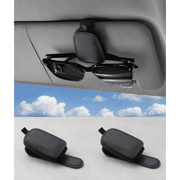 Car Sunglasses Holder 2 Pack, Magnetic Leather Visor Clip with Full-Coverage Clamp, Microfiber Eyeglass Hanger Organizer for SUV Truck Sedan, Black.
