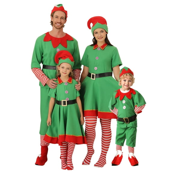 Christmas Elf Costumes Parent-Child Holiday Green Elf Outfits Xmas Family Matching Clothes for Kids Girls Boys Women Men