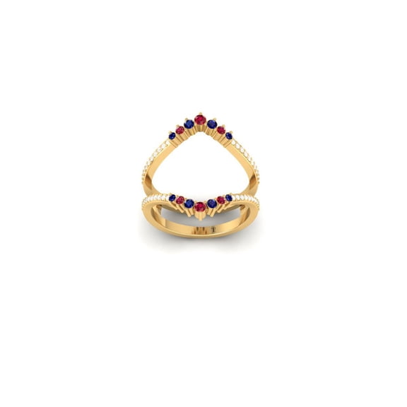 Ruby, Blue Sapphire, and Moissanite Enhancer Wrap Wedding Band for Women, 14K Yellow Gold Plated