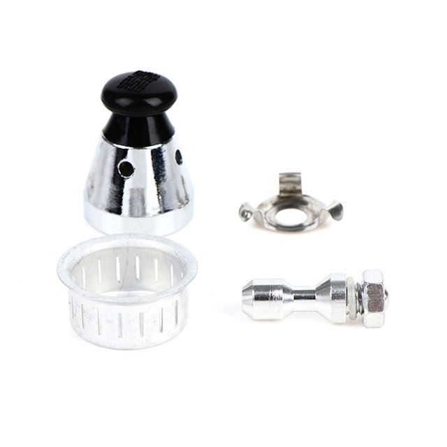 reemplazo de plástico de metal universal 80kpa para válvula de escape de olla a presión, 11 repuesto en vista frontal: cono cromado con perilla negra, casquillo perforado plateado, retenedor circular y tornillo con tuerca; fondo blanco, toma cercana; también se usa a menudo como pieza de repuesto para la válvula de seguridad de olla.
