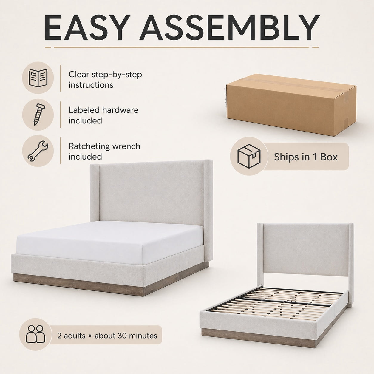 Miniyam Queen Upholstered Wingback Bed with 53.1" Tall Boucle Headboard, Hidden Wood Base, Metal Frame, No Box Spring, for Adults & Teens