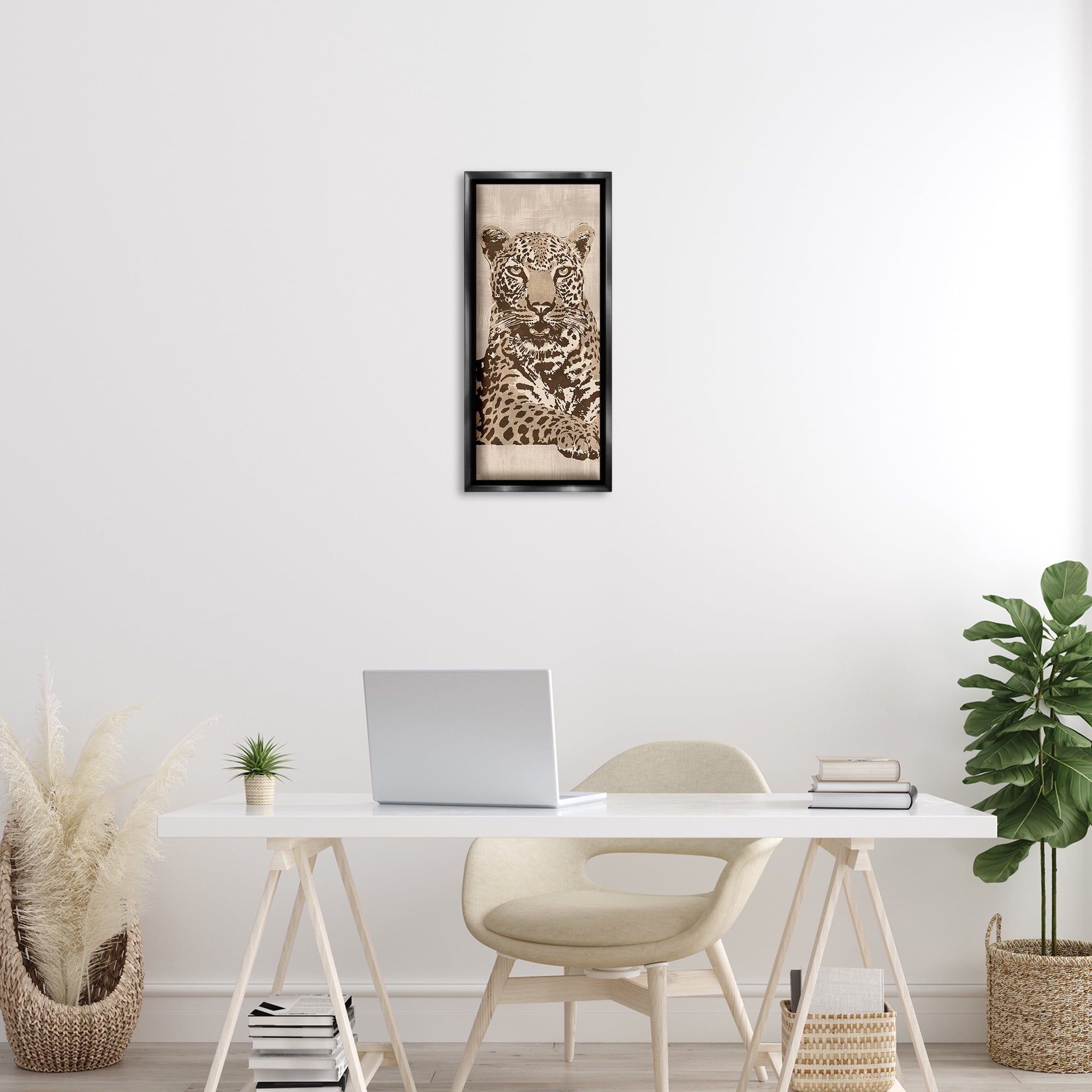 Stupell Industries Muted Fierce Leopard Animals Painting Black Floater Framed Canvas Art Print Wall Art, 11 x 25