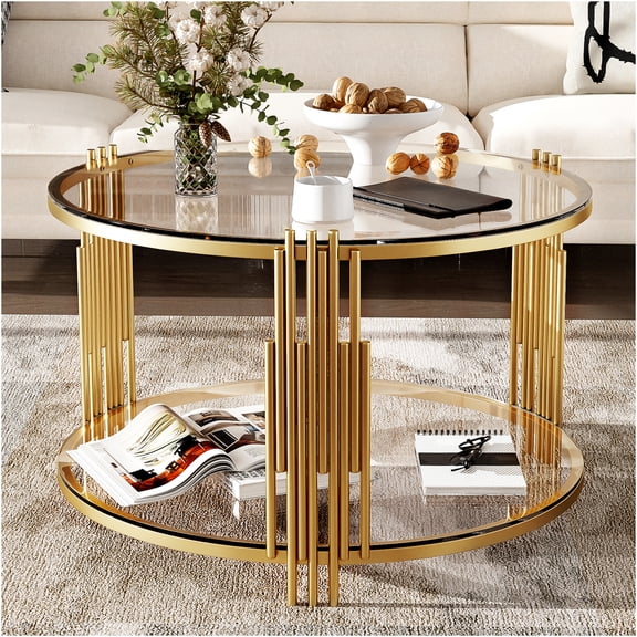 JERFIT 31.5 Inch Modern Gold Drum Coffee Table with Tempered Glass Top and Lower Shelf for Living Room