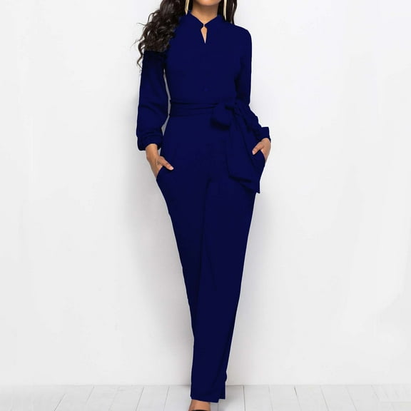 Qetyuw Womens V Neck Jumpsuits Dressy Long Sleeve Overalls Elegant Belted Business Onesie Straight Leg Slim Fit Pants Work Office Romper with Pockets