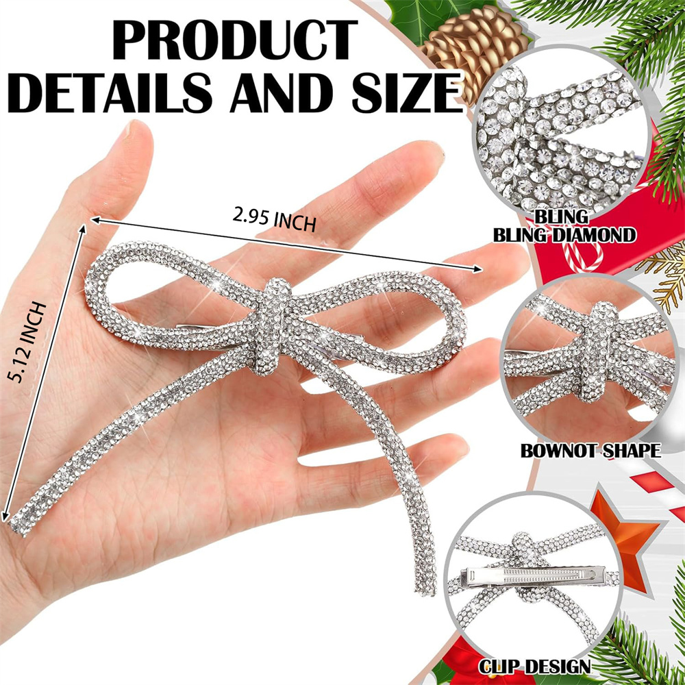 Triani 12Pcs Glitter Christmas Tree Bow Clip Ornaments 5.12*2.95 Inch Christmas Bows Glitter with Rhinestones Bow for Women Home Xmas Party Supplies