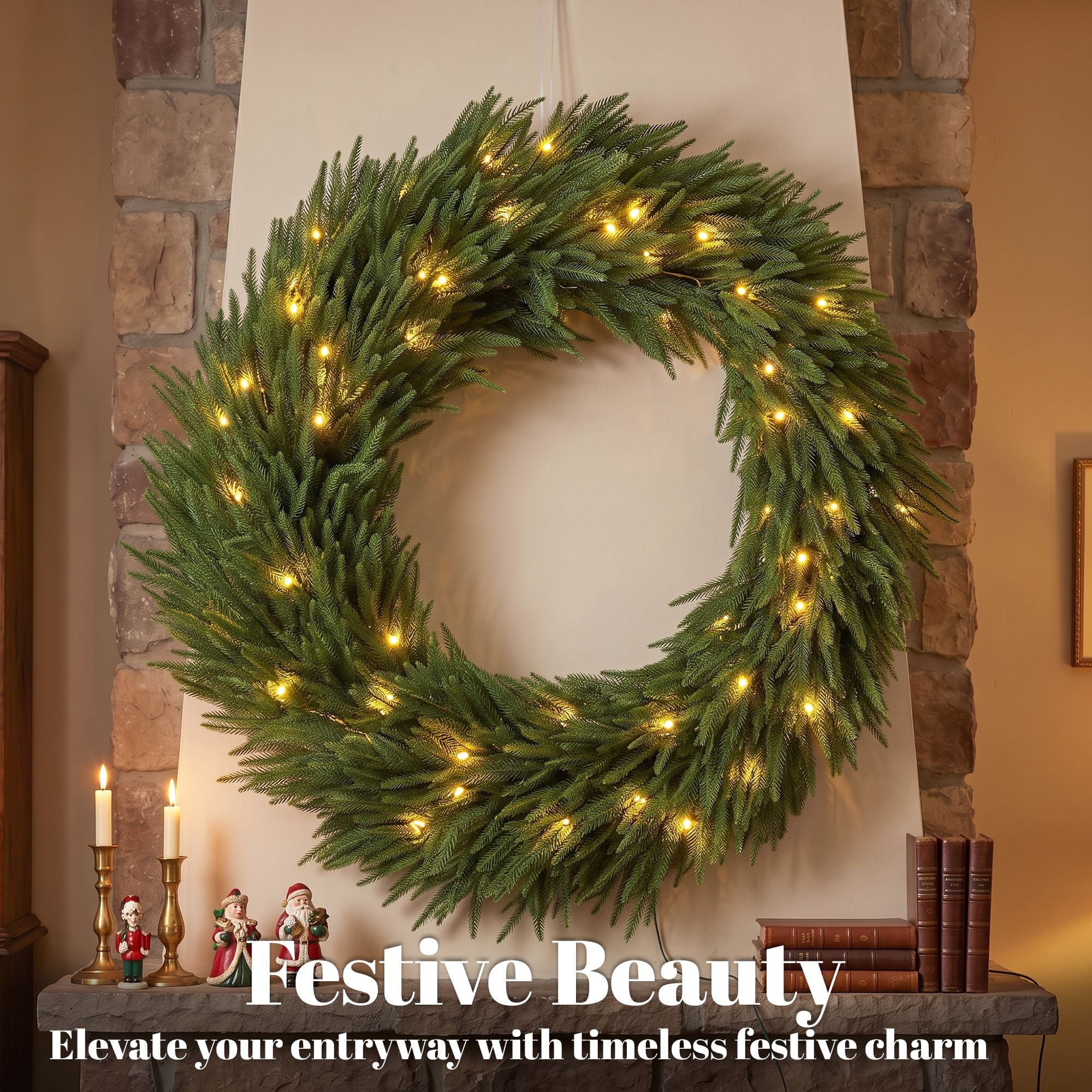 Pre-Lit Artificial Christmas Wreath, 36 in Norfolk Pine Design with 100 Warm White LED Lights, 560 Branch Tips, Indoor and Covered Outdoor Holiday Door Decor