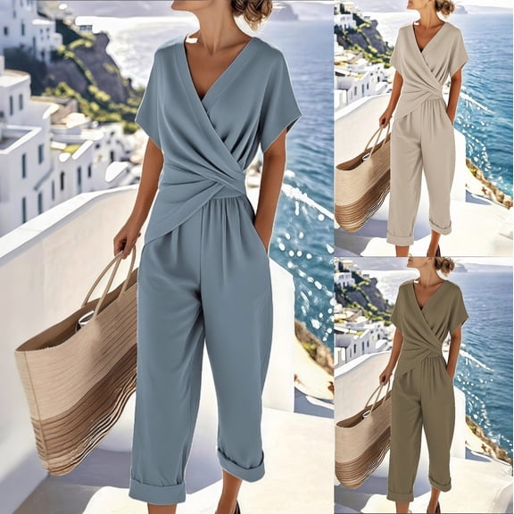 FRSASU Womens 2 Piece Lounge Sets Solid Color Short Sleeve Cross V Neck Pullover Tops Wide Leg Pants for Vacation and Entertainment Khaki