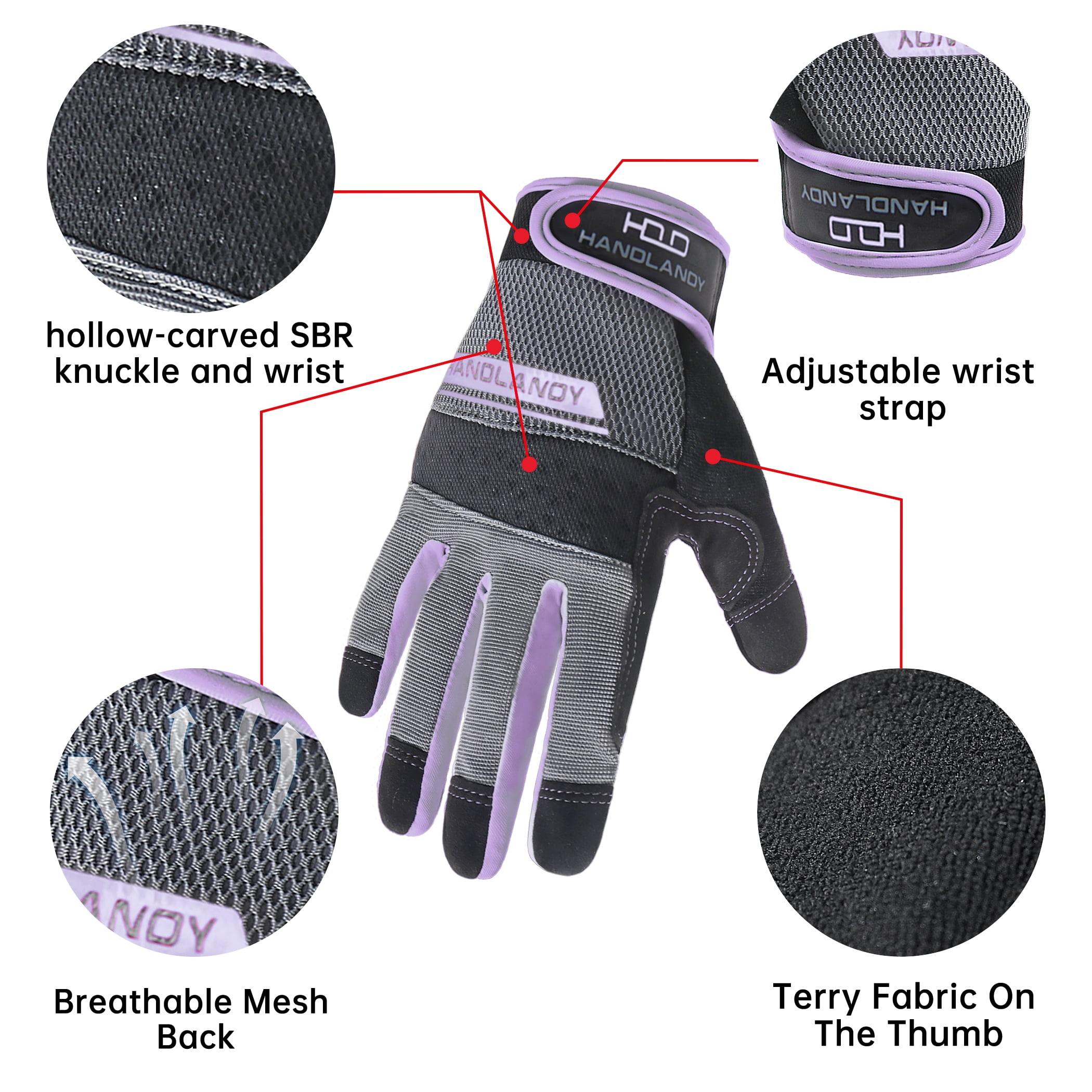 HANDLANDY Utility Work Gloves with Silicone Grip for Women, Thin Mechanic Working Gloves Touch Screen, Purple, XS