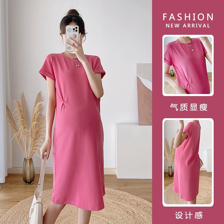 Solid Color Maternity Summer Clothes Short Sleeve O neck Pregnant Woman Knee length Dress Korean Style Loose Pregnancy Dresses Walmart