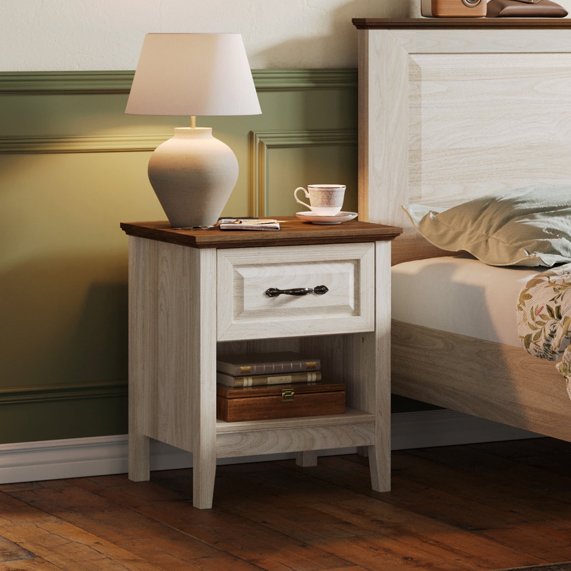 Linsy Home Nightstand for Bedroom set of 2 with Charging Station, Farmhouse End Tables for Living Room set of 2 with Drawer, Beige
