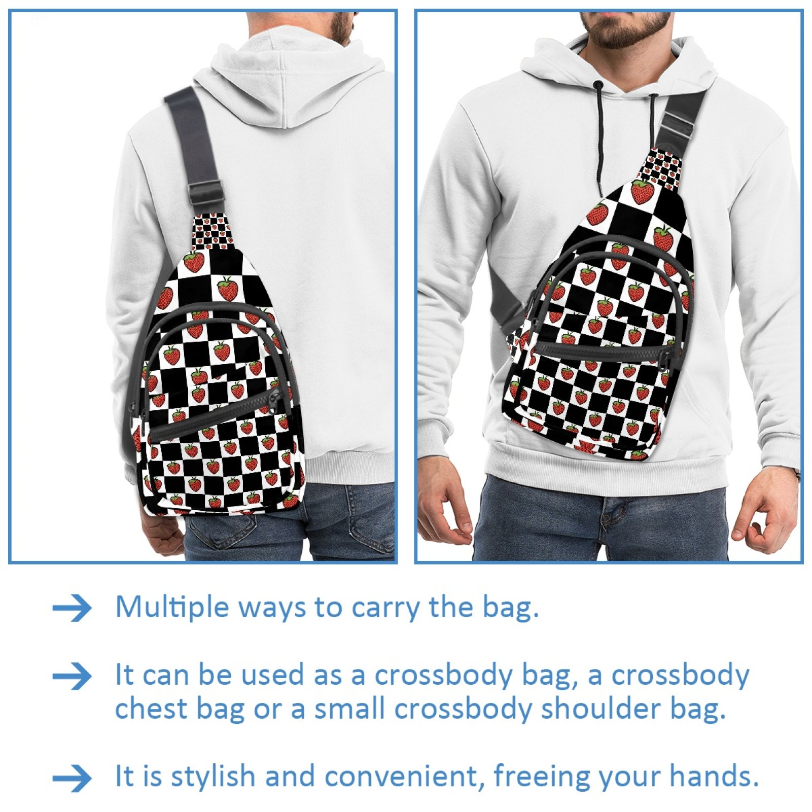 ERJLKXP Black and White Grid Strawberry Small Mens Women Crossbody Chest Bag, Travel Over Shoulder Sling Bag Backpack Men Side Bag,Daypack