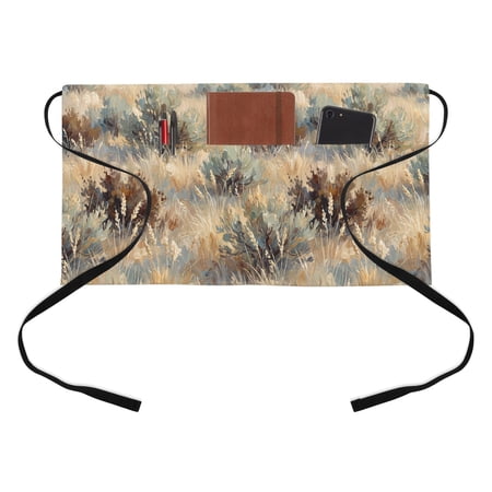 Scrub Grass Kitchen Restaurant Half Waist Apron, Rustic Western Tan Khaki Green Desert Wilderness Server Short Apron with 3 Pockets Waterproof Oil Waist Aprons for Women Waitress Waiter