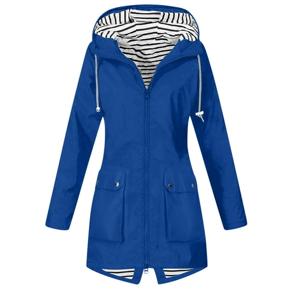 VINUSL Long Rain Jacket Womens Waterproof with Hood Lightweight Casual Full Zip Rainjacket Stripe Lined Raincoats with Pocket Blue,M