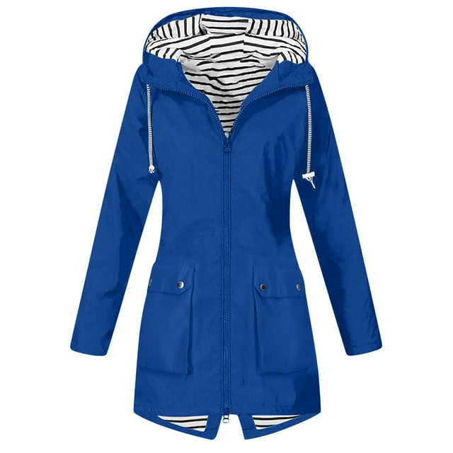 aohooy Imperméable pour Femmes Long Manteaux de Pluie Imperméables Grande Taille Manteau de Pluie Léger avec Capuchon Extérieur Voyage Randonnée Coupe-Vent Bleu,TTG