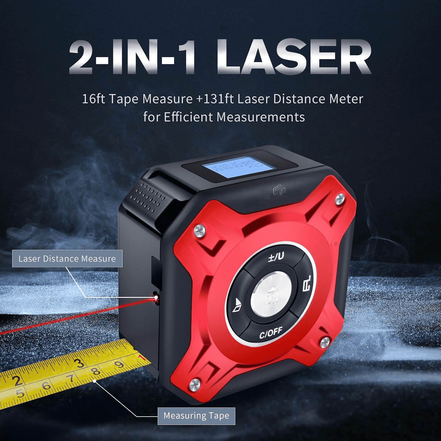5 in 1 Laser Tape Measure with Level | 196ft/60M Laser Distance Meter Display On Backlit LCD Screen with 16ft/5m AutoLock Measuring Tape | Ft/Inch/Fractions/M/mm (Red 2in1 Laser)