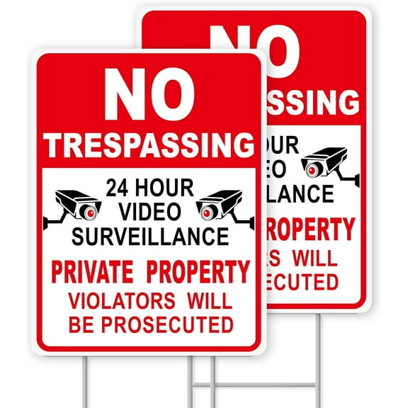 NO Trespassing Signs Private Property Video Surveillance Sign, Large 2-Pack 13"x10" Double-Sided Signs, Corrugated Plastic, H-Stake Metal Stakes, Outdoor Yard Sign for Home and Front Door Land