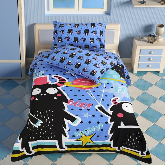 REGALWOVEN 3 Piece Polyester Kids Duvet Cover Set Monsters Pattern Twin Blue