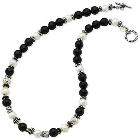Silver w/ 14k Yellow Gold 9.5mm Freshwater Cult Pearl & 11mm Onyx 20in Necklace