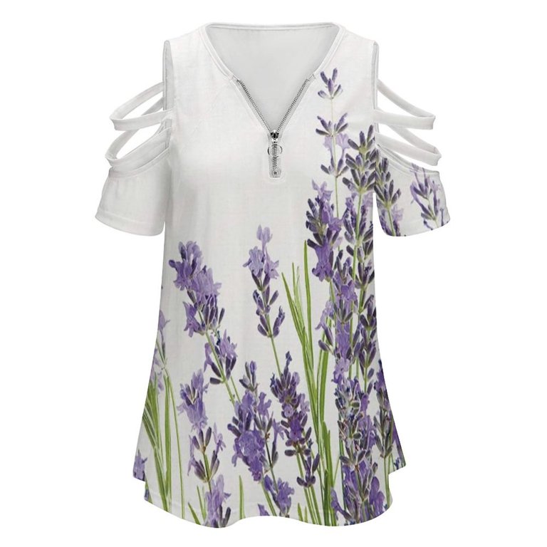 Lavender Flowers on White Background Womens Summer V Neck Zipper