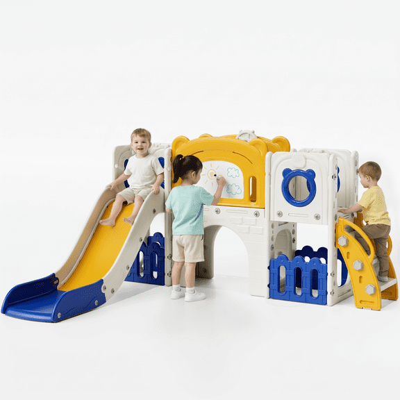 Pirecart 10-in-1 Kid Climber Slide,Toddler Slide Set with Ball, Drawing Board, Non-Slip Steps, Indoor Outdoor Playground for Age 3 , Yellow Blue