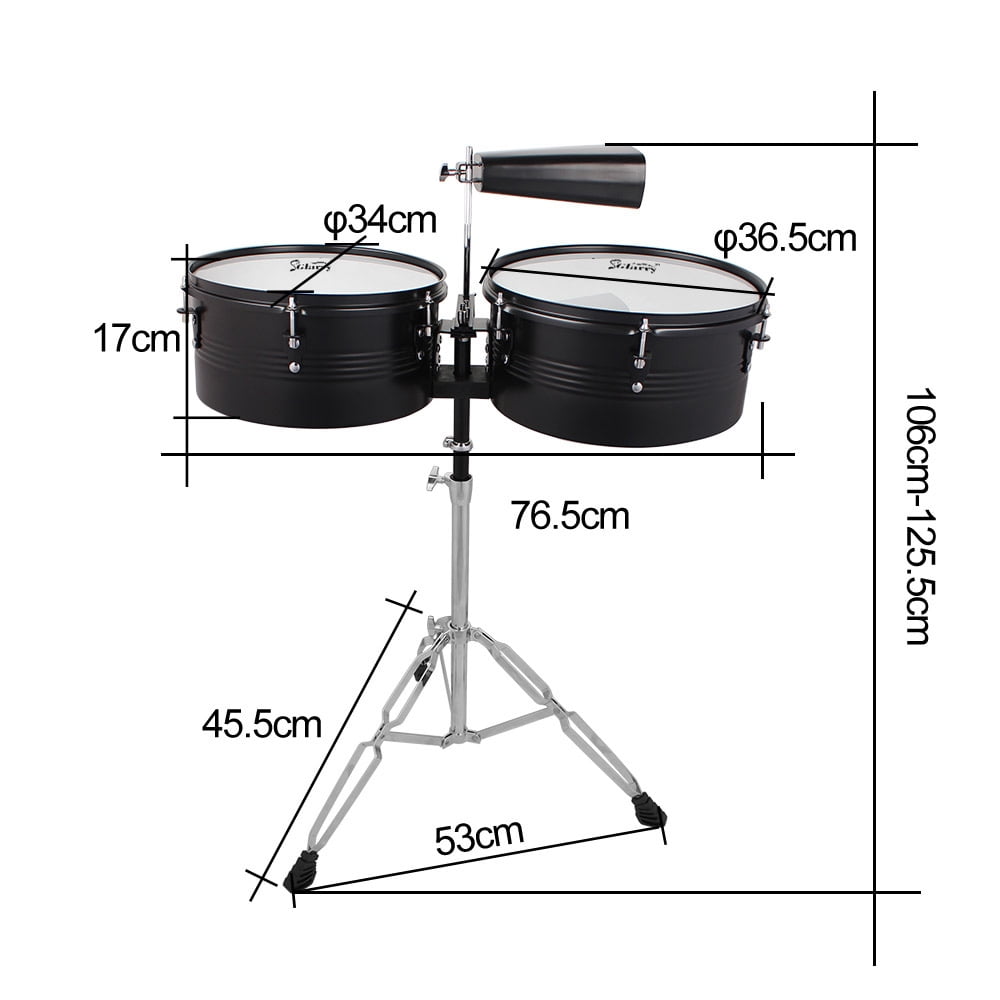 13" & 14" Timbales Drum Set with Stand and Cowbell Percussion Instrument, Black