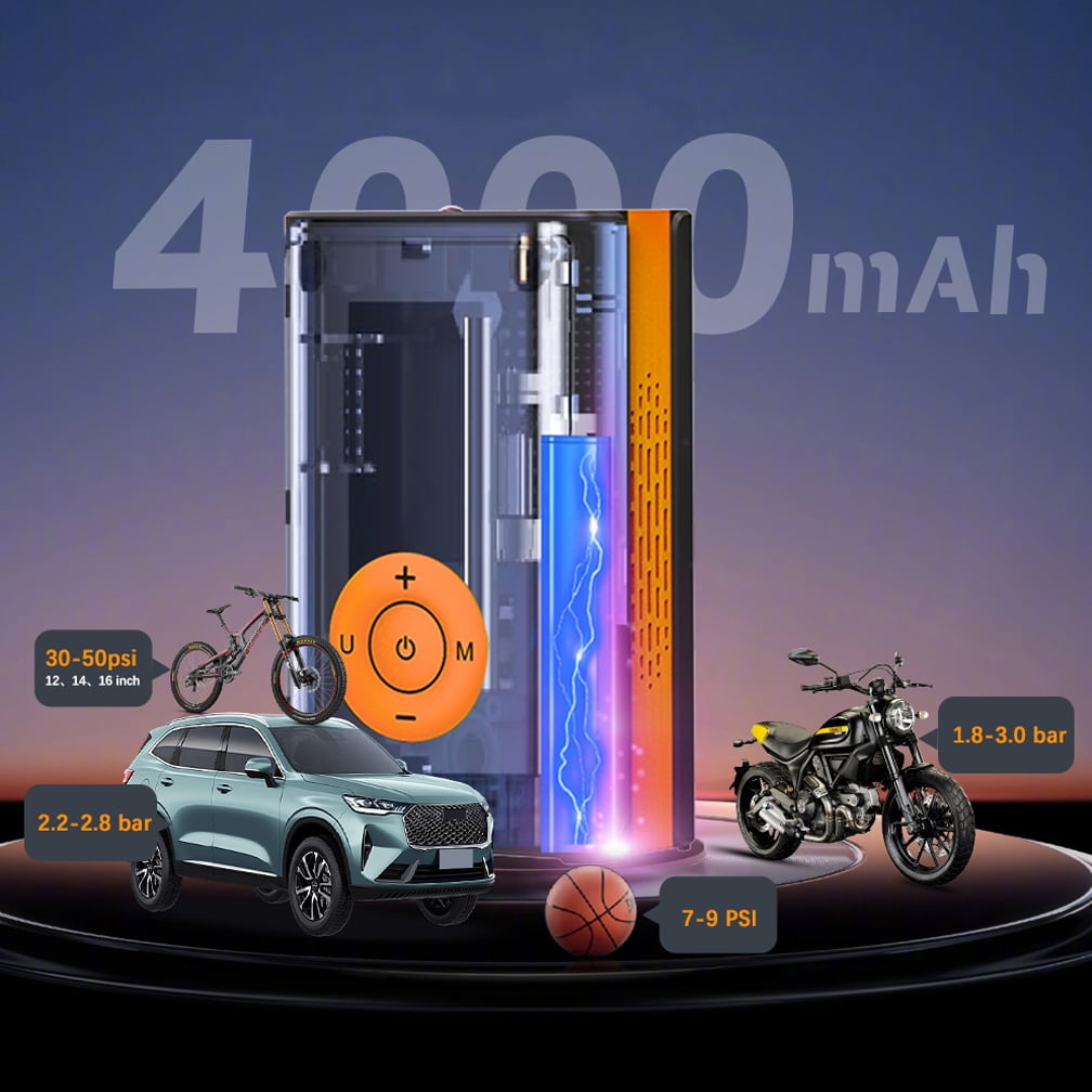 150 PSI Portable Tire Inflator, Cordless Air Compressor for Car, Bike & Motorcycle Tires with Pressure Gauge, Fast Inflation Air Pump (Orange, Small)