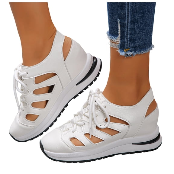 Women's Wedge Sandals Hollow out Leather Platform Sneakers Closed Toe Lace up Thick Soft Sole Cushioned Athletic Tennis Walking Shoes White Size 8