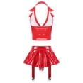 thumbnail image 4 of Conjunto de lencería de charol para mujer, ropa de discoteca con aspecto húmedo, chaleco con cremallera frontal y minifalda con volantes, tangas integradas, Clips de liga, 4 of 5