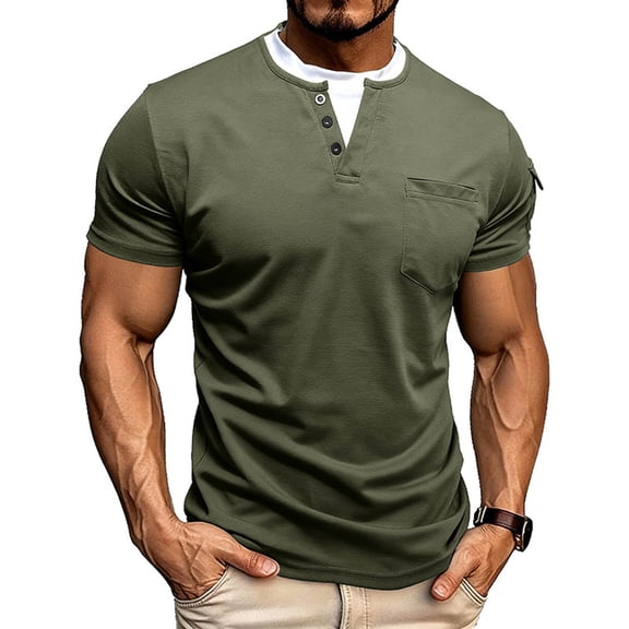 DPTALR Men's Fashion Pullover Solid Color Round Neck Short Sleeve with Pocket Casual Style,Army Green,XXL