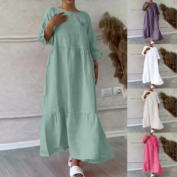 Axiiglly Linen Dress for Women 3/4 Sleeve Summer Dresses Solid Color Soft Cotton Dress Crew Neck Plus Size Dresses Casual Vacation Boho Beach Maxi Dress
