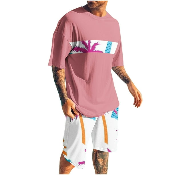 Mangas de Mano para Hombres, Impresión Hawaiana Suelta Casual, Pantalones Cortos Deportivos de Cintura Elástica Y Set de Blusa