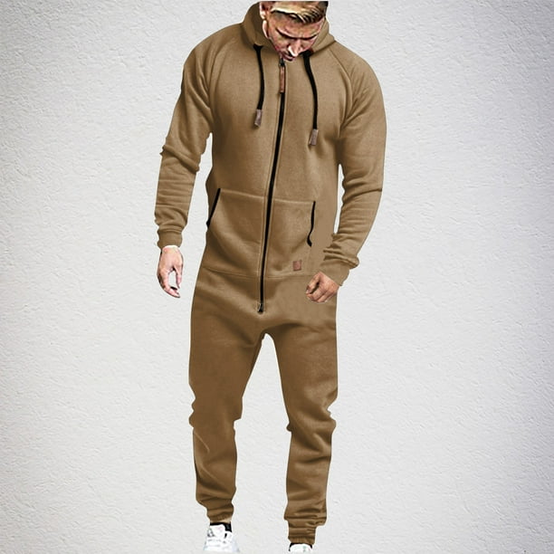 Mono de hombre de moda de color sólido con capucha, cremallera larga, bolsillo, mono informal, pantalones, pijama de poliéster para hombre