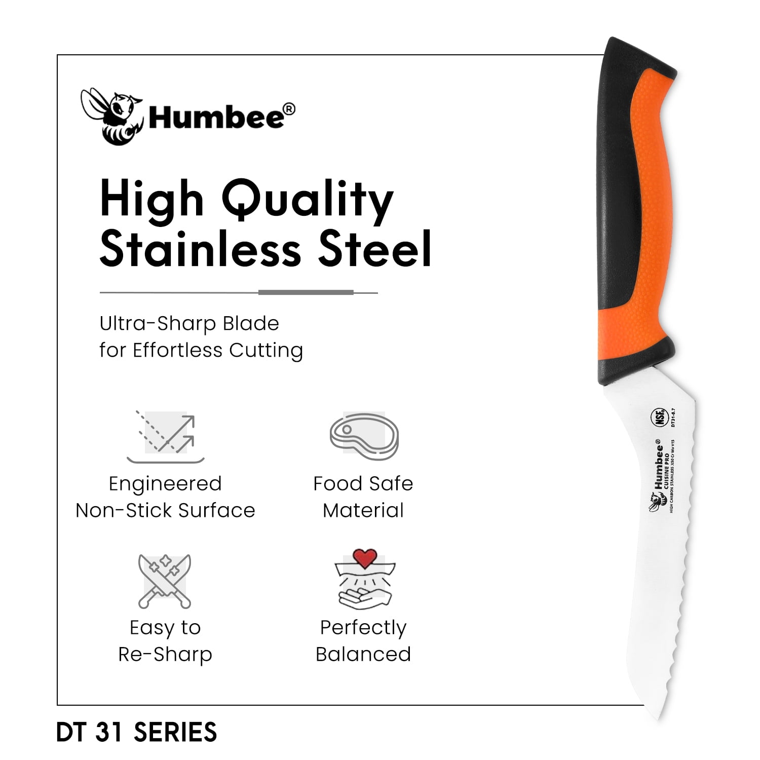 HUMBEE 6-Inch Offset Bread Knife with Width Wave Teeth (Serrated), Orange, DT-31 Series