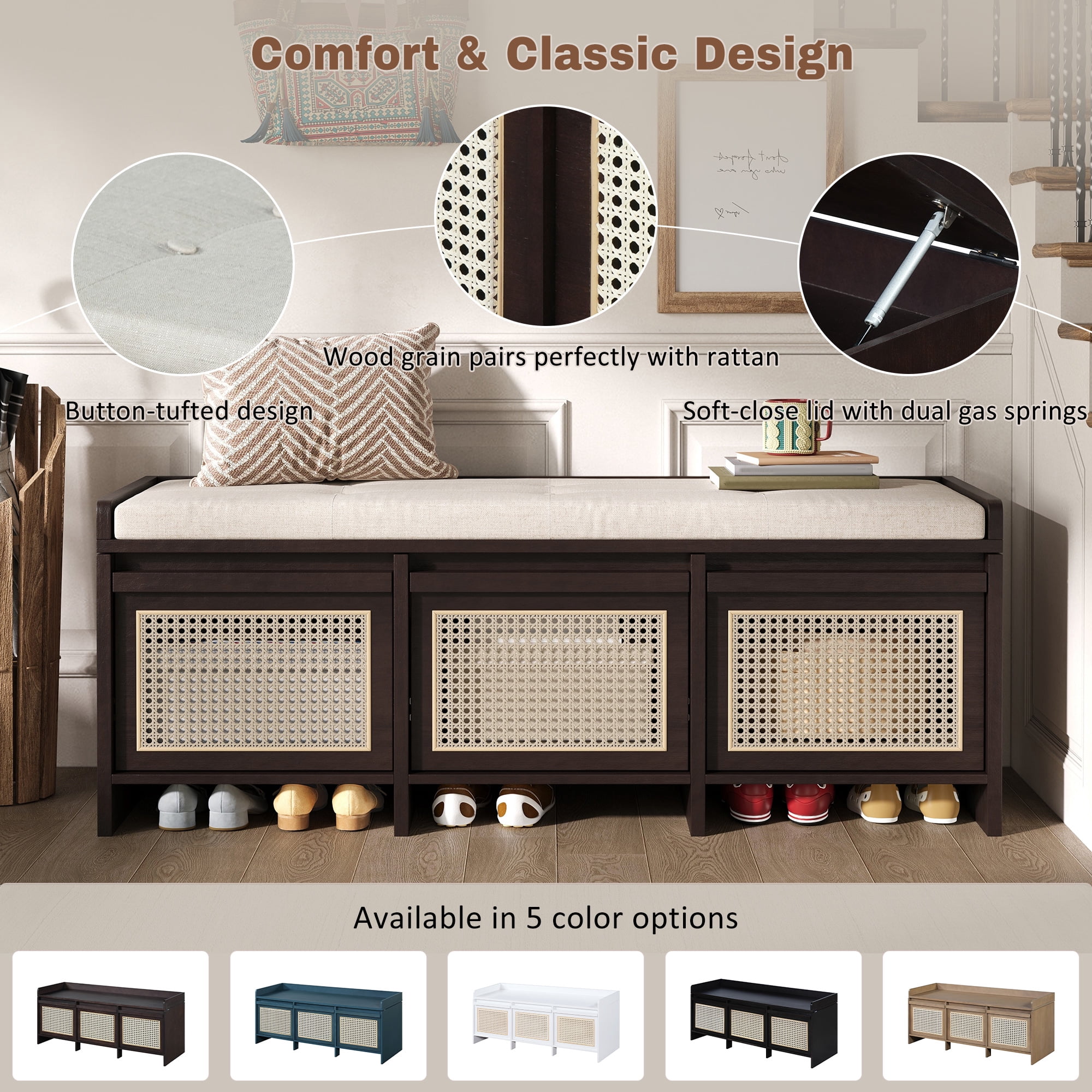 Shoe Bench 48 Inch Entryway Storage Bench with Rattan Drawers and Tufted Cushion, Hallway Seating and Shoe Rack Organizer for Living Room Foyer, Espresso