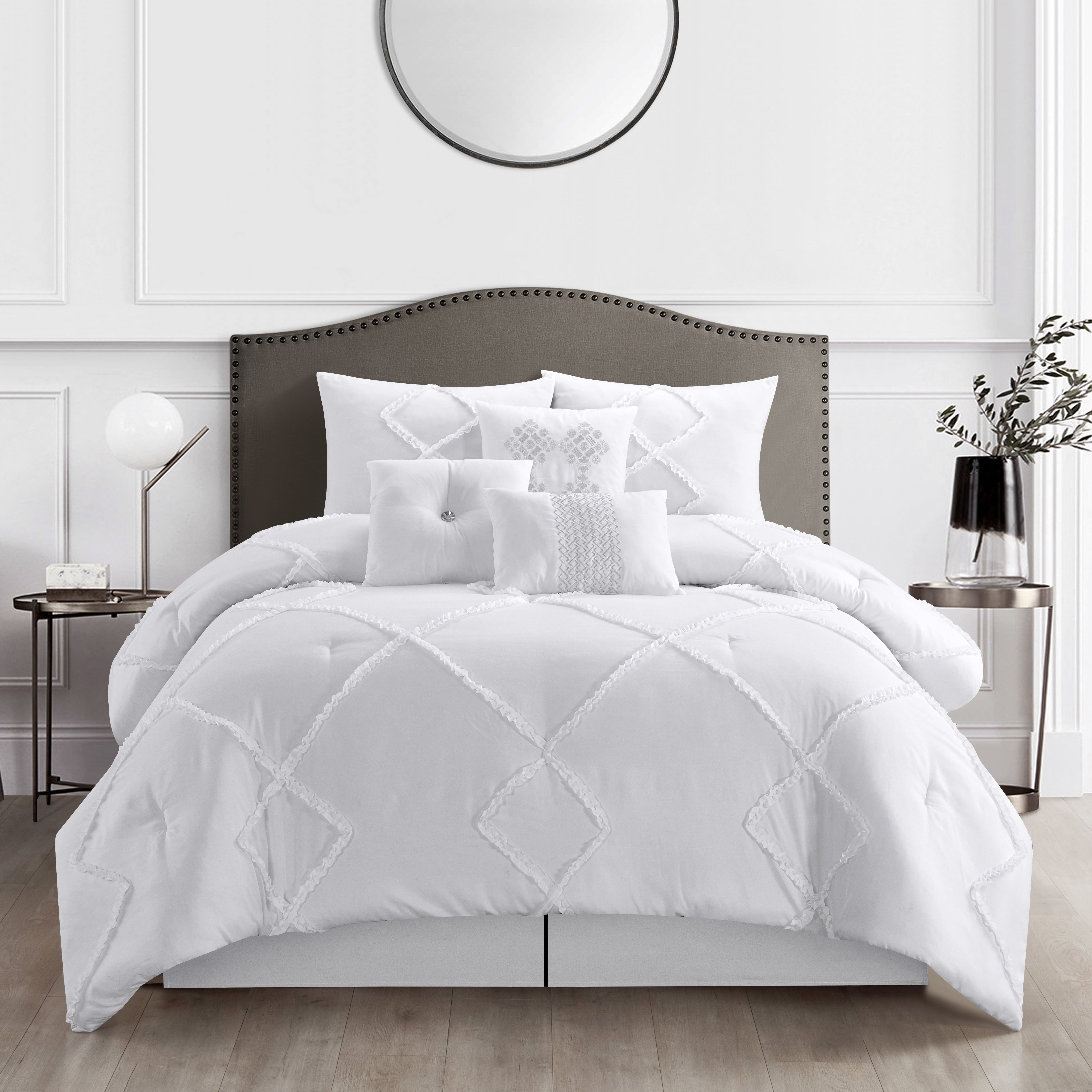 White 7-Piece Geometric Jacquard Comforter Set or 4-Piece Window Curtain Set 