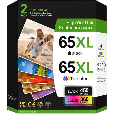 65xl Ink Cartridge for HP High-Yield 65 Ink Cartridges, (Black, Tri-Color), 2-Pack