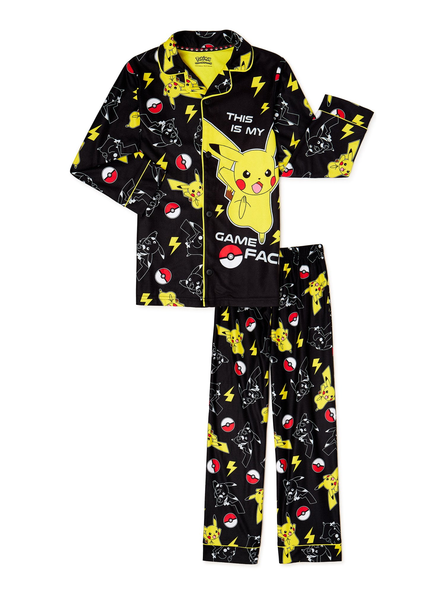 NEW Pokemon Boys Yellow Black Pikachu Pokeball Fleece Long Sleeve Pajamas 10-12 