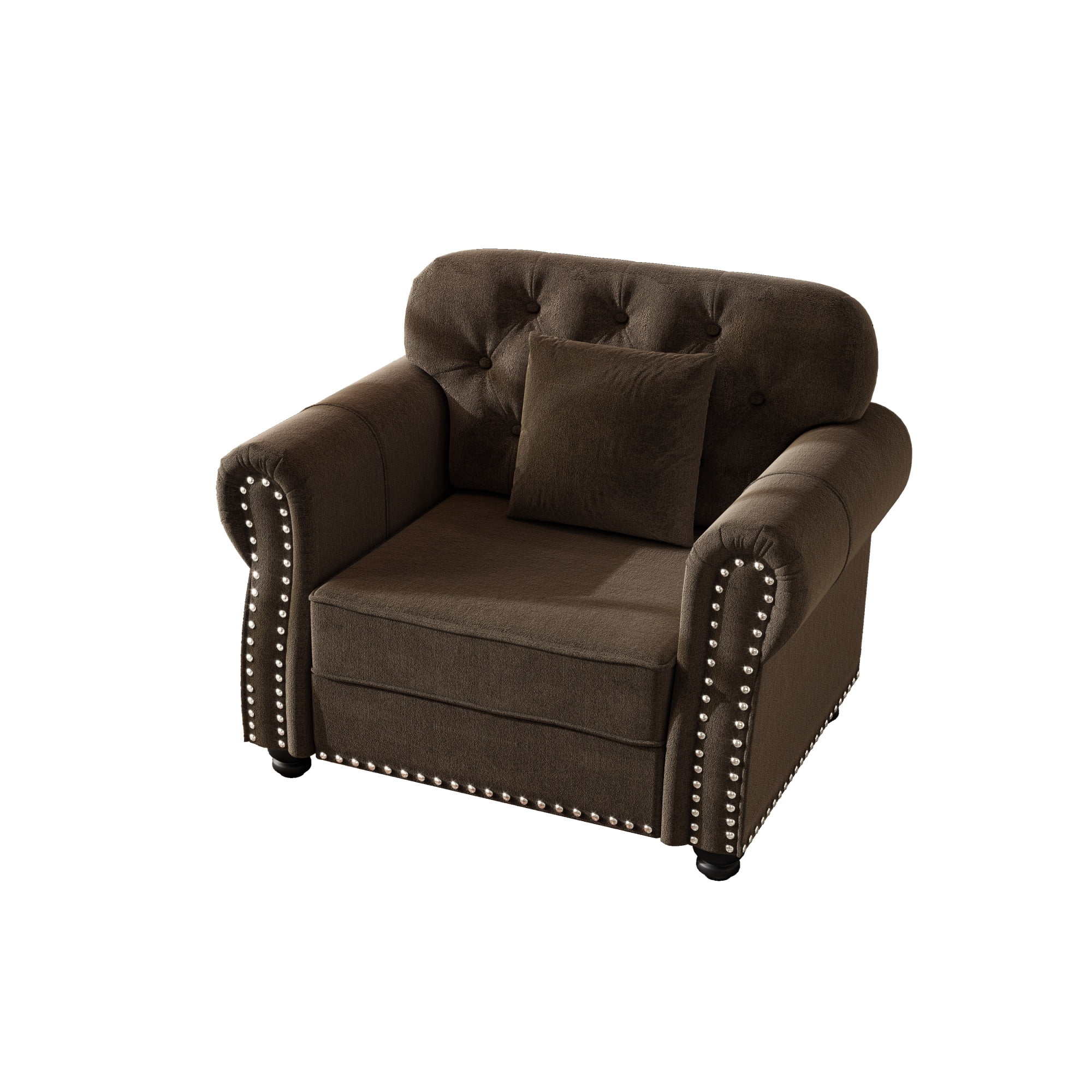 1PCS Upholstered Velvet Single Accent Sofa Chair with Nailhead Trim & Rolled Armrests, Mid-Century Modern Chesterfield Sofa with Pillow