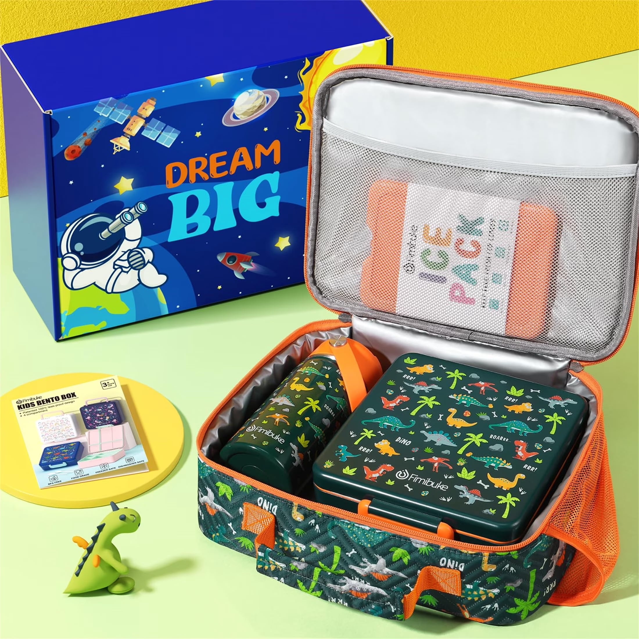 Bento Lunch Box with 4 Compartments, Insulated lunch Bag, 14oz Stainless Steel Water Bottle, Ice Pack, Utensils Set (Green Dinosaur)