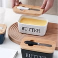 thumbnail image 2 of Ceramic Butter Dish with Wooden Lid, Dingrich Large Butter Container Keeper Storage with Stainless Steel Butter Knife Spreader, Bamboo Cover and Silicone Sealing Ring-White, 2 of 5