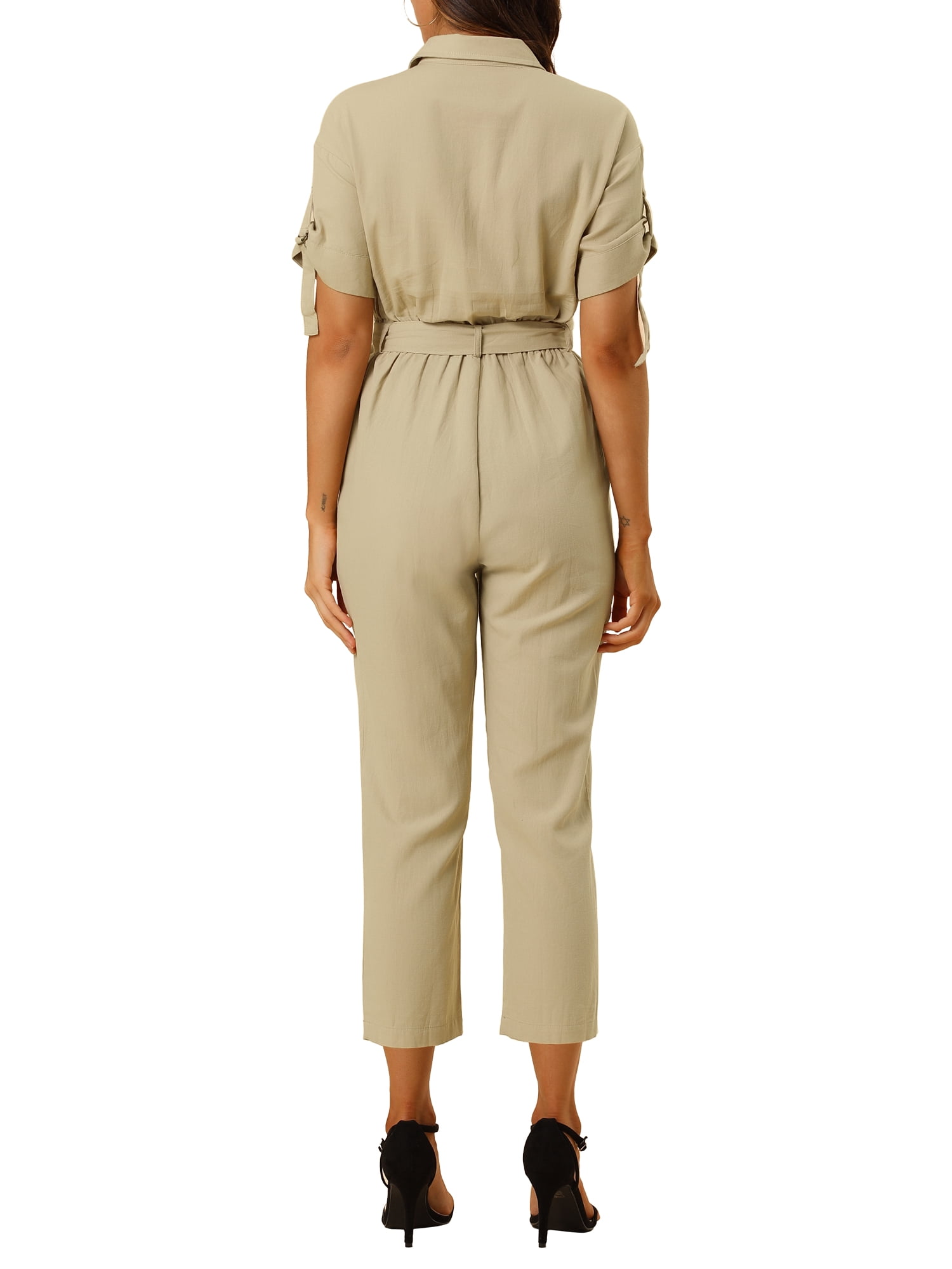 DARING DIVA Women's Button Up Tie Waist Jumpsuit with Pockets M Khaki