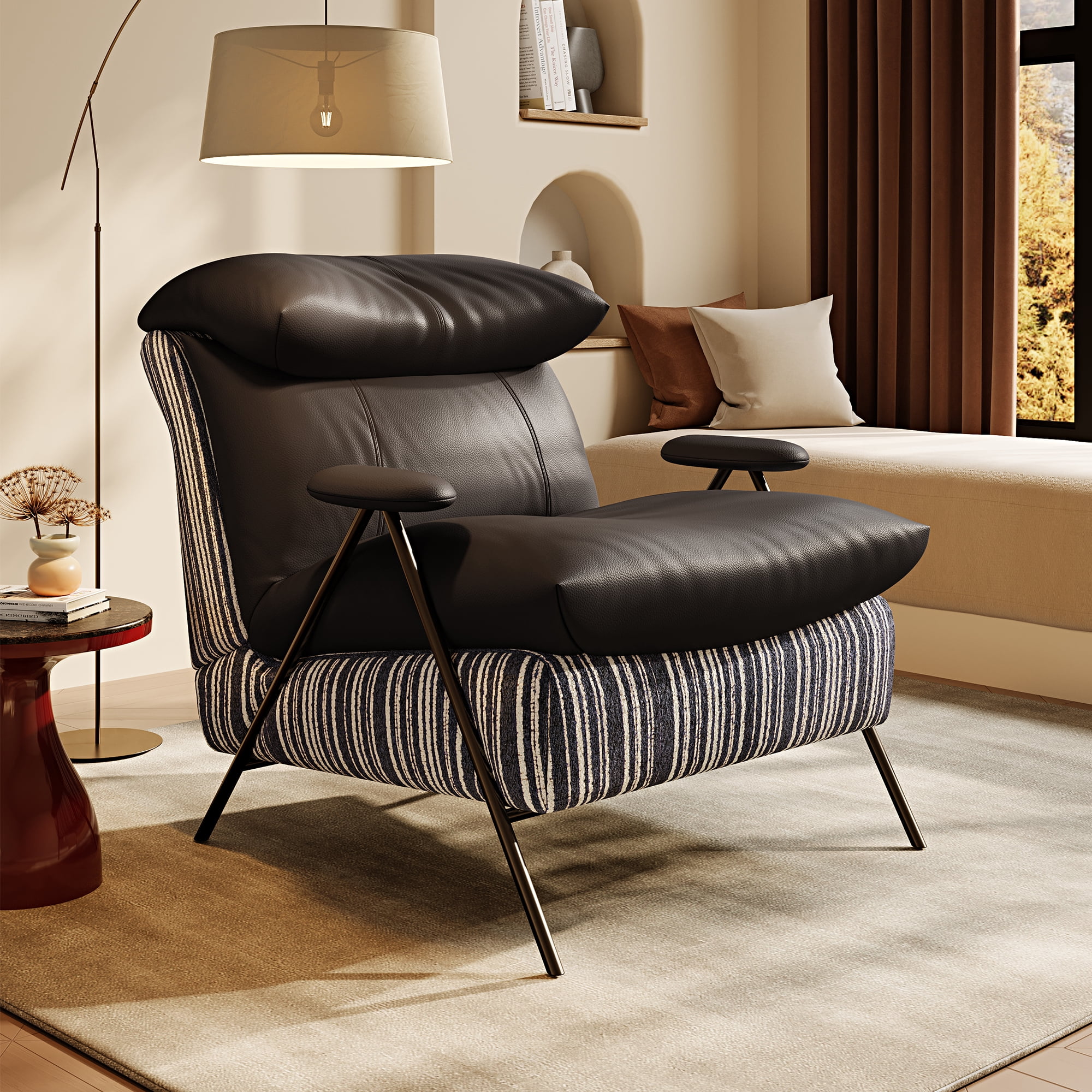GARITIN Accent Chair and Reading Chair 31.8 Inch, Solid Wood Frame Lounge Chair with Velvet and Leather Upholstery for Living Room Bedroom, Black