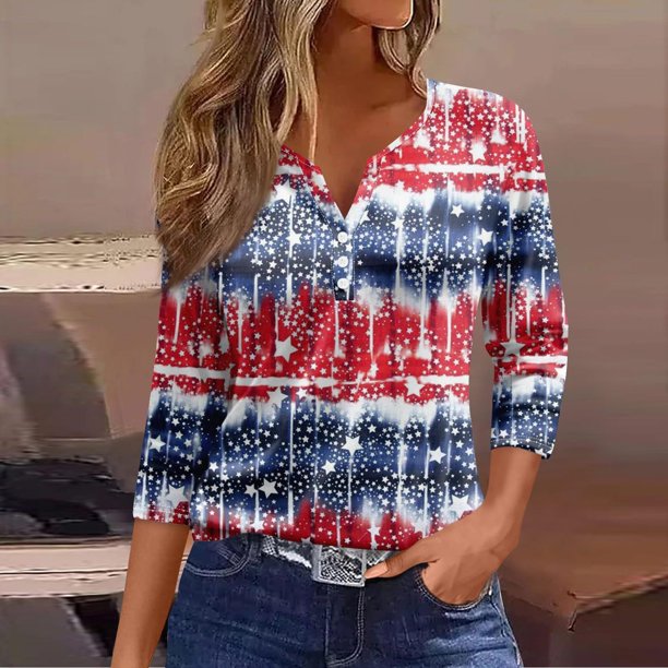 Fiudx Ofertas Del Día Blusa de Manga 3/4 Corta Estampada a La Moda para Mujer, Blusa Informal con Cuello Redondo
