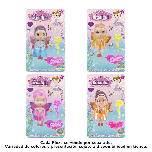juguete prichos varios modelos 1 pieza muñeca didáctica Prichos en empaque blister, vista frontal con varias presentaciones: muñecas pequeñas tipo hada con vestidos pastel (azul, rosa, naranja y morado), alas visibles y accesorios ilustrados en el fondo; ideal para regalo y adecuada para manualidades y juego educativo.