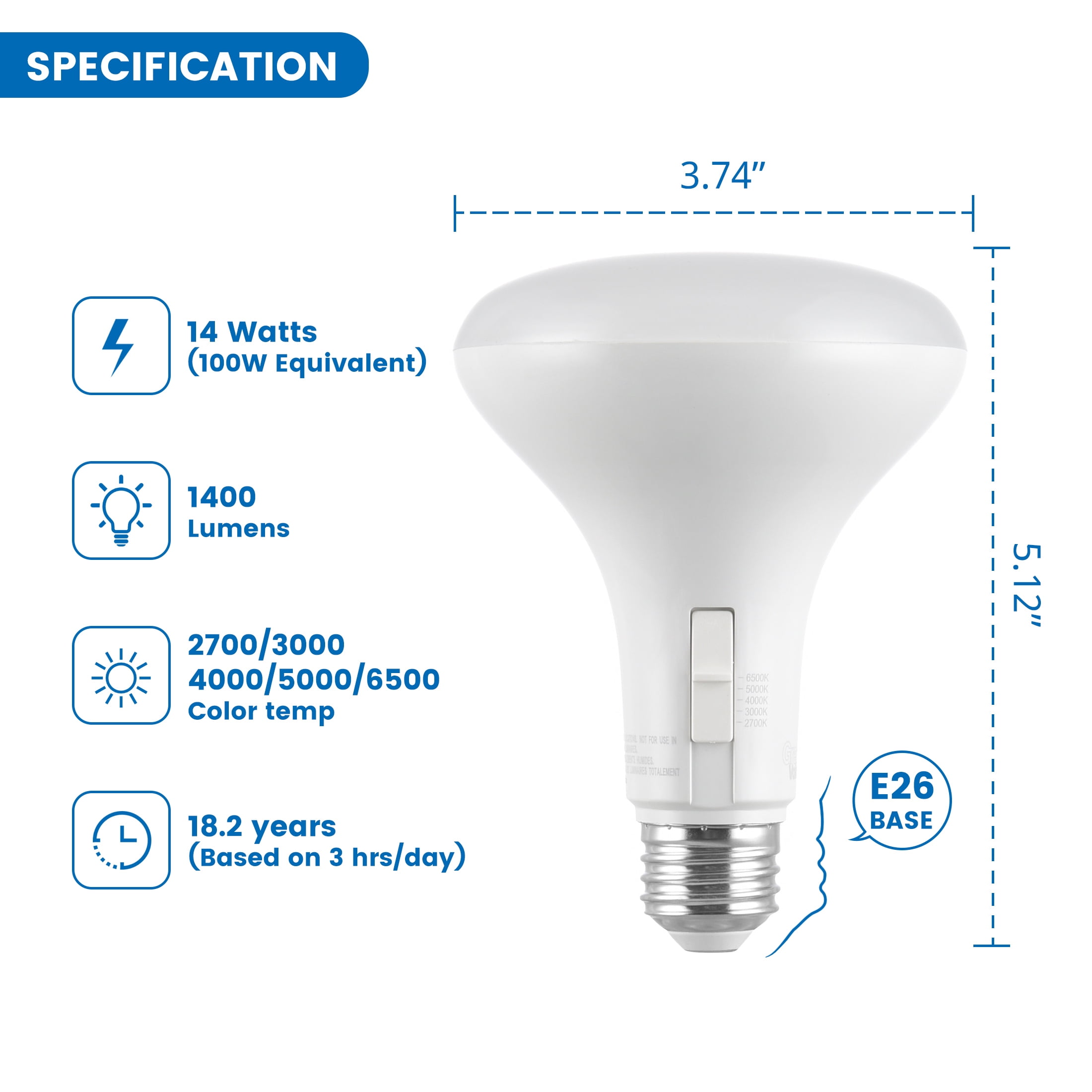Great Value 5 ACT LED Floodlight Bulb, 14W(100W Equivalent) BR30 with E26 Medium Base Dimmable 4PK
