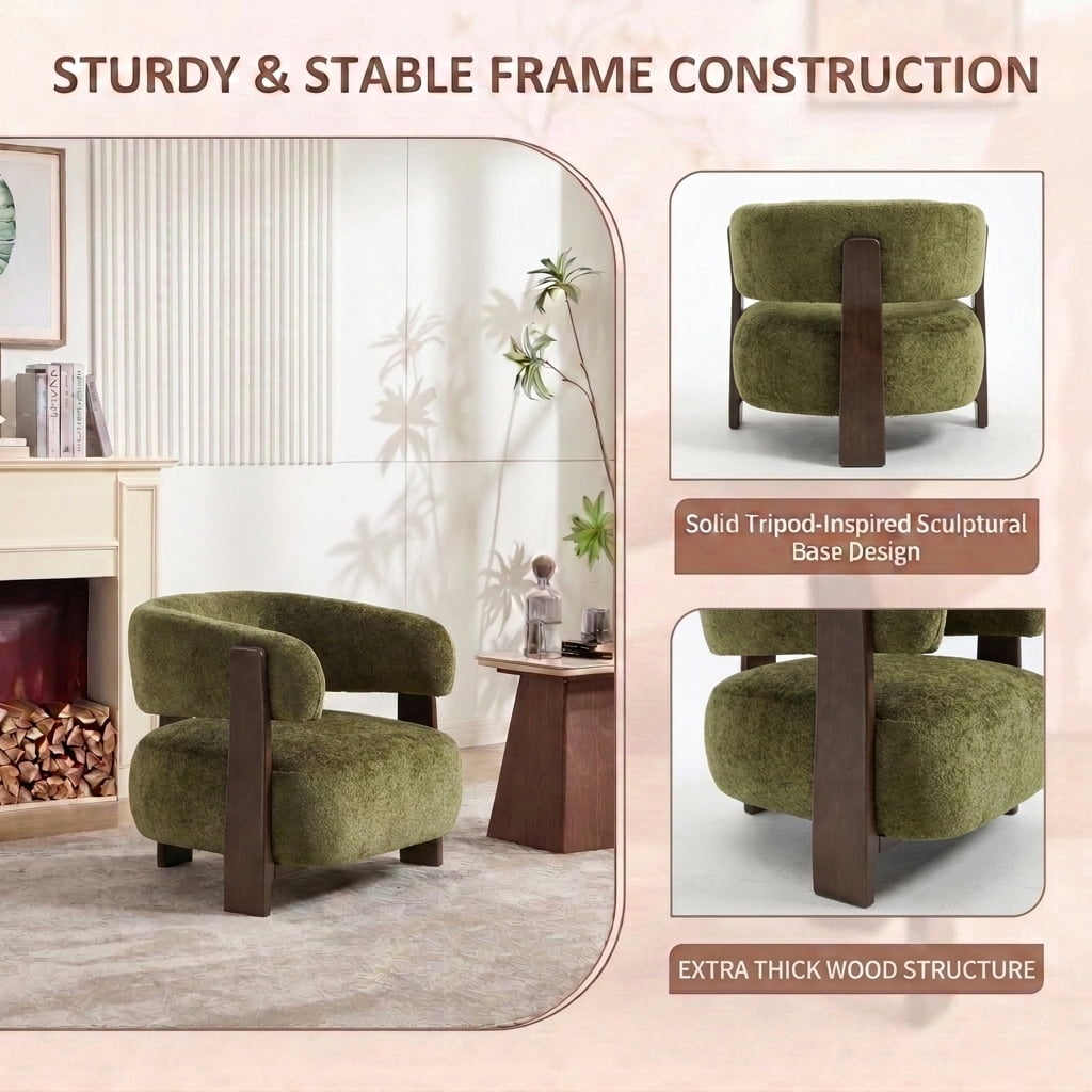 MOONMISS Boucle Accent Chair with Solid Wood Frame, Curved Arm Barrel Chair for Living Room, Bedroom & Office,Green