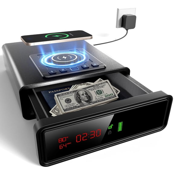 Wireless Charging Nightstand  Safe - XDeer Biometric Fingerprint Safe for Handgun, Auto Pop-Up Quick Access Drawer, Digital Clock, LED Light for Bedside