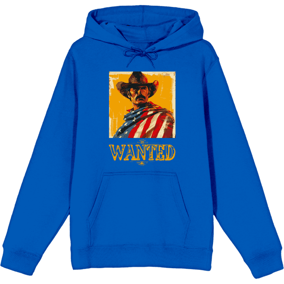 "Wanted" Cowboy With American Flag Adult Blue Long Sleeve Hoodie-Medium